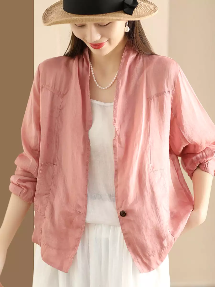 Women Vintage Solid Summer Ramie Thin Cardigan Shirt Coat SC1056