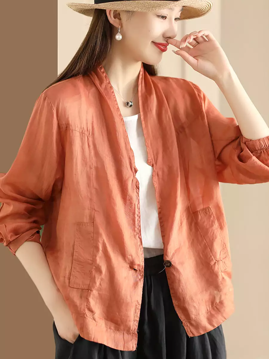 Women Vintage Solid Summer Ramie Thin Cardigan Shirt Coat SC1056