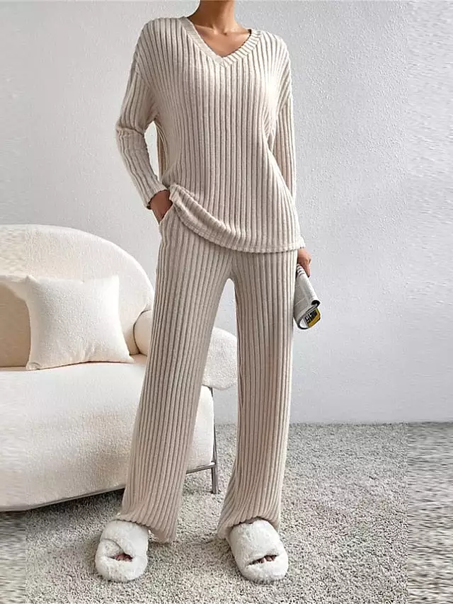 Women's Cozy Knit Drop Shoulder Tee and Pant Lounge Set