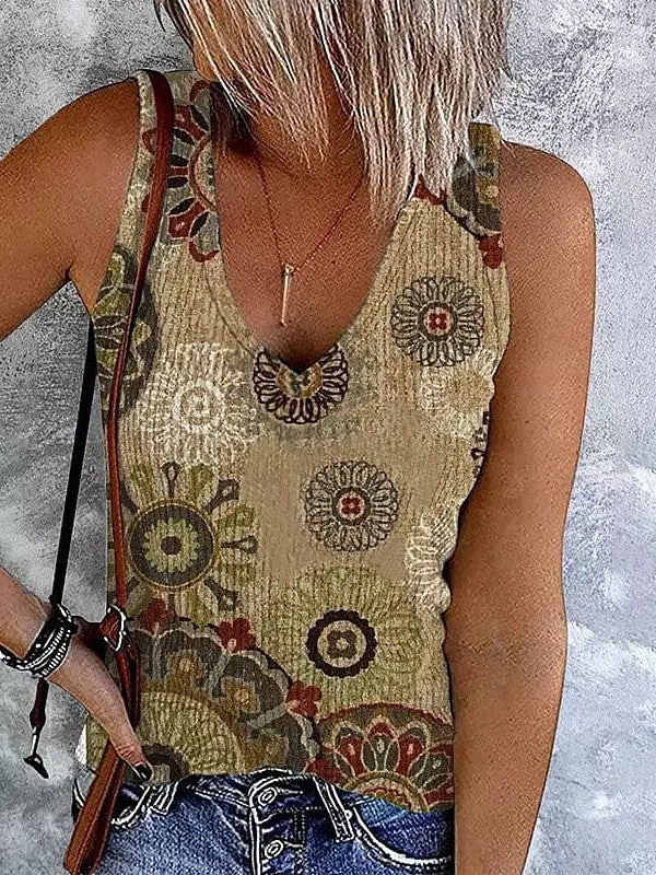 Women's Plus Size Sleeveless V Neck Tank Top with Ethnic Holiday Print