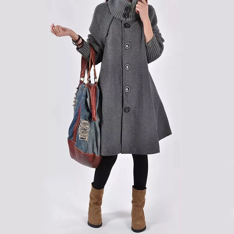 Woolen Coat Winter Cloak Knit Long-sleeved High O-neck Trench Coat Female Spring Autumn Women's Single-breasted Windbreaker B-27